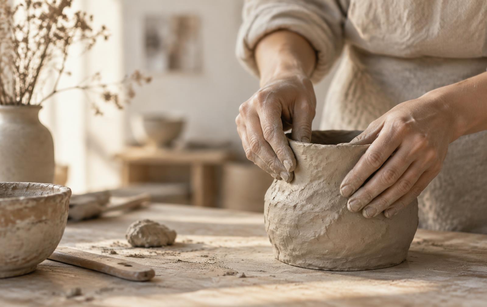 A potter's hands hand-building a ceramic vessel from wet clay